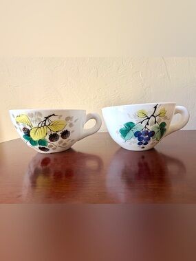 Westmoreland Milk Glass Teacup Set of 2 Hand-Painted Fruit